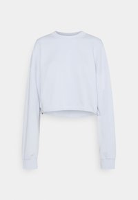 Sudadera corta de color azul claro con mangas largas, cuello redondo acanalado y detalle de cordón en los laterales. Tejido suave con una textura lisa.