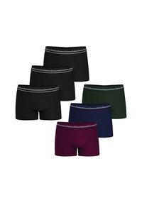 Six paires de boxers en noir, vert, marine et bourgogne, avec une ceinture élastique portant un logo. Tissu lisse et design ajusté.