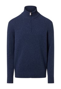 Navyblauer Pullover mit hohem, geripptem Kragen und halber Reißverschluss. Hergestellt aus strukturiertem Stoff mit gerippten Bündchen und Saum.