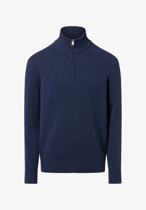 Navyblauer Pullover mit hohem, geripptem Kragen und halber Reißverschluss. Hergestellt aus strukturiertem Stoff mit gerippten Bündchen und Saum.