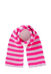 Scarf lavorato a maglia con strisce spesse rosa e grigie, forma rettangolare, texture morbida e una piccola etichetta del marchio a un'estremità.