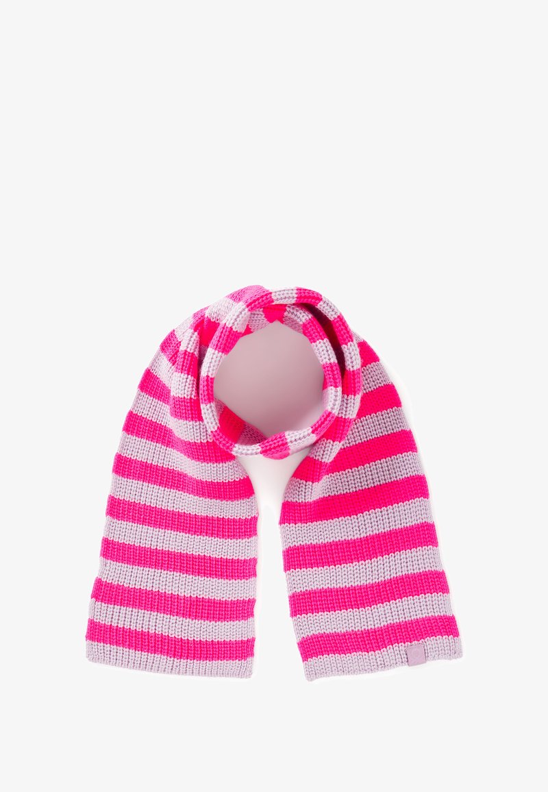 Scarf lavorato a maglia con strisce spesse rosa e grigie, forma rettangolare, texture morbida e una piccola etichetta del marchio a un'estremità.