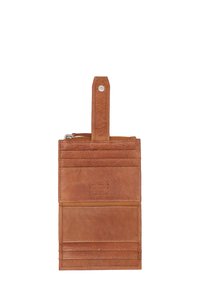 Bruine leren kaarthouder met een ritssluiting, meerdere kaartsleuven en een bovenste lus voor bevestiging. Gestructureerde afwerking met geperst logo.