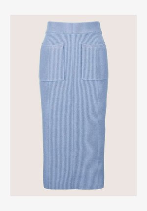 Light blue ribbed knit skirt with a high waist, two front pockets, and a straight silhouette, featuring a textured finish.