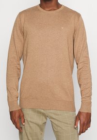 Jasnobrązowy sweter dziany z długimi rękawami i okrągłym dekoltem; posiada małe, subtelne logo na piersi. Widoczne detale tekstury tkaniny.