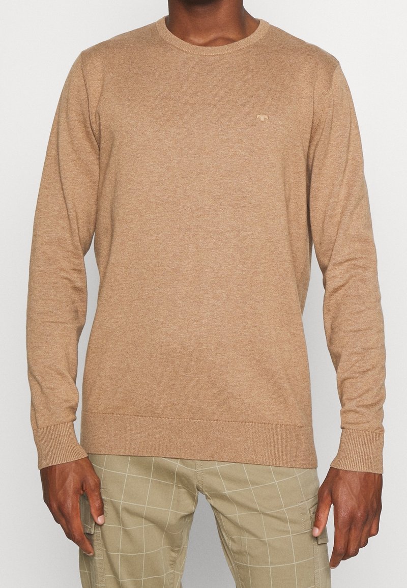 Jasnobrązowy sweter dziany z długimi rękawami i okrągłym dekoltem; posiada małe, subtelne logo na piersi. Widoczne detale tekstury tkaniny.