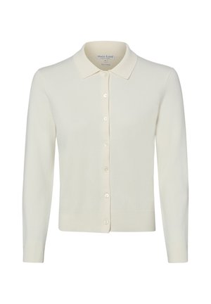 Cardigan crème à manches longues avec un col pointu et une fermeture boutonnée devant, présenté sur fond blanc.