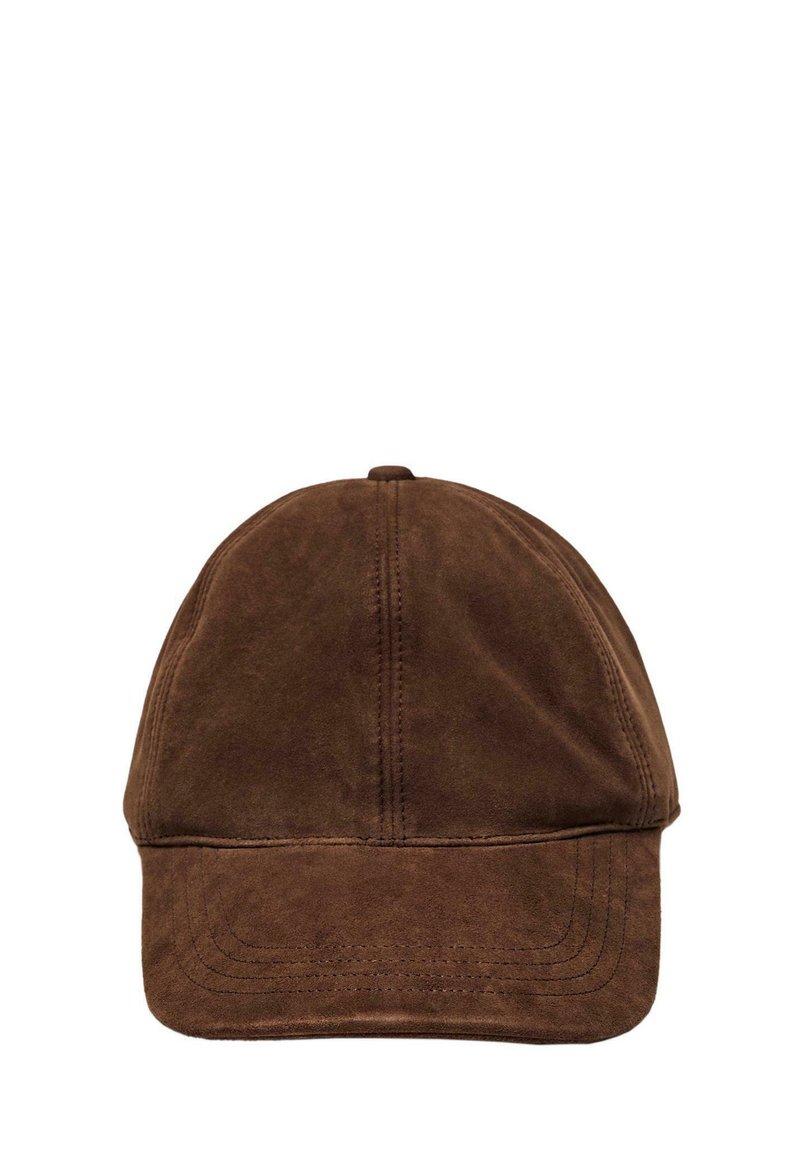 Brown suede baseball cap with a curved brim, stitched detailing, and a rounded crown. The texture is soft and smooth.