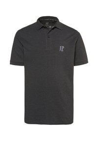 Ciemnoszara koszulka polo wykonana z fakturowanej tkaniny, z kołnierzykiem i jednym zapięciem na guzik, z logo "JP 1860" na lewej piersi.