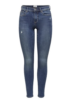 Jean skinny en denim bleu foncé avec des patchs déchirés, design à cinq poches et fermeture à bouton. Fabriqué en tissu mélangé de coton.