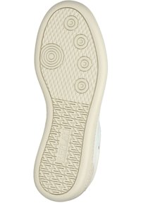 Semelle de chaussure en caoutchouc texturé, de couleur blanc cassé. Présente des motifs circulaires et diagonaux, ainsi qu'un logo en relief intégré dans la semelle.