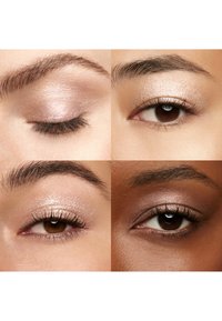 Cztery zbliżenia oczu prezentujące różne style cieni do powiek. Odcienie obejmują błyszczący taupe i ciepły brąz, z podkreślonymi rzęsami i brwiami.