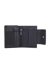 Billetera de cuero azul marino con un compartimento con cremallera, múltiples ranuras para tarjetas y una ventana de identificación de malla. Textura suave con detalles de costura contrastantes.