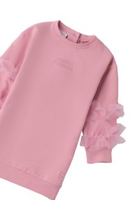 Felpa rosa con maniche in tulle arricciate, con testo ricamato "sweet & delicious" e dettagli di strass sull'orlo.