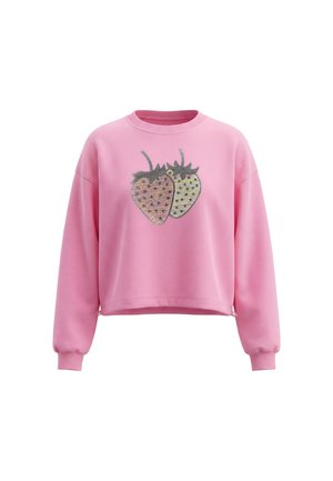 Pink langærmet sweatshirt med ribkanter og to palietbesatte jordbær foran i midten, en pink og en bleg gul.