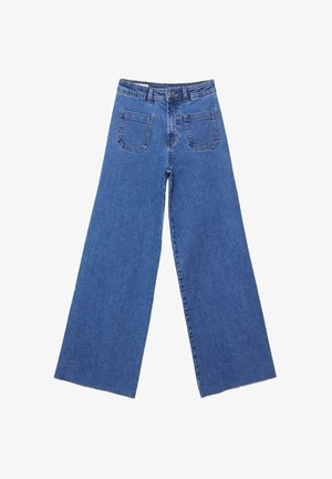 Blå viddeben jeans med høj talje, der har to baglommer og rå kant. Lavet af robust denimstof.
