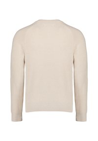 Beige gebreide trui met een ronde halslijn, lange mouwen en ribbels aan de onderkant en manchetten, met een zachte, textuurfinish.