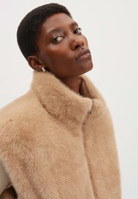Faux-Fur-Jacke in hellem Beige mit hohem Kragen und Reißverschluss. Weicher Stoff mit glatter Innenauskleidung, modernes Design.