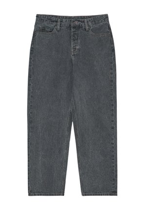 Graue Jeans aus Denim mit lockerem Sitz, hoher Taille und geradem Bein. Sichtbare Nähte und Fünf-Taschen-Design mit Knopfverschluss.