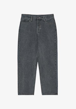 Grijze denim jeans met een losse pasvorm, een hoge taille en rechte pijpen. Zichtbare stiksels en een vijf-zakken ontwerp met een knoopsluiting.