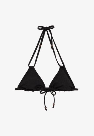 Mustka kolmnurkne bikiinivorm, millel on tekstuuriga lillemuster, reguleeritavad rihmad ja keskel kinnituv sõlm, mis on kaunistatud väikeste puidust helmestega.