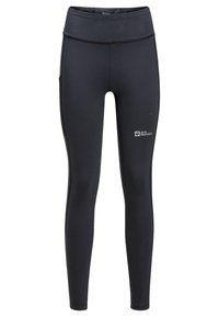 Leggings neri aderenti realizzati in tessuto elasticizzato. Presentano un'alta vita e una tasca laterale. Inclusa la logo Jack Wolfskin.