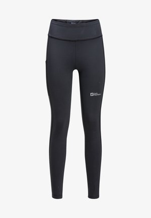 Leggings neri aderenti realizzati in tessuto elasticizzato. Presentano un'alta vita e una tasca laterale. Inclusa la logo Jack Wolfskin.