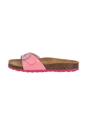 Rosa Rutschsandale mit einem glänzenden Riemen und einer runden Schnalle, Korkfußbett und einer rosa Gummisohle. Flaches Design, offene Zehen-Stil.