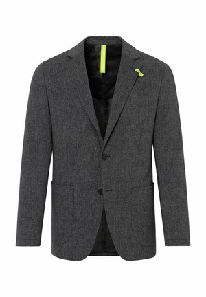Schiefergrauer Blazer aus strukturiertem Stoff, mit Ein-Knopf-Verschluss, zwei Fronttaschen und einem kontrastierenden neongelben Akzent am Kragen.