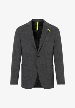 Schiefergrauer Blazer aus strukturiertem Stoff, mit Ein-Knopf-Verschluss, zwei Fronttaschen und einem kontrastierenden neongelben Akzent am Kragen.
