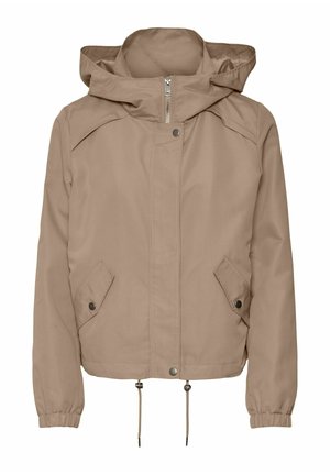 Veste beige à capuche avec fermeture éclair à l'avant, boutons-pression, deux poches à rabat inclinées, poignets élastiques et ourlet ajustable avec cordon de serrage.