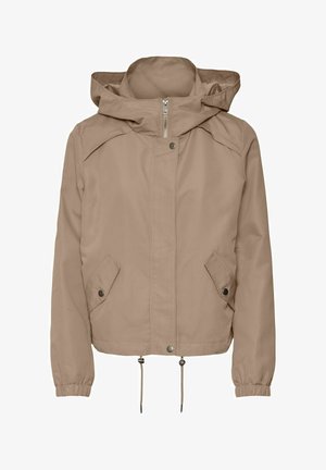 Veste beige à capuche avec fermeture éclair à l'avant, boutons-pression, deux poches à rabat inclinées, poignets élastiques et ourlet ajustable avec cordon de serrage.