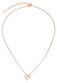Rose gold halskæde med en hjerte charm og en lille cirkulær accent, sat på en delikat kæde med en lås.