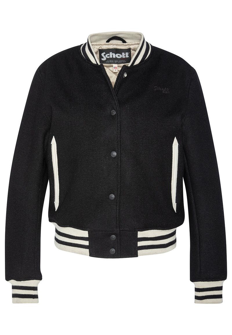 Veste varsity en laine noire avec des accents blancs, poignets et taille côtelés, boutons-pression et poches latérales. Doublure intérieure beige.