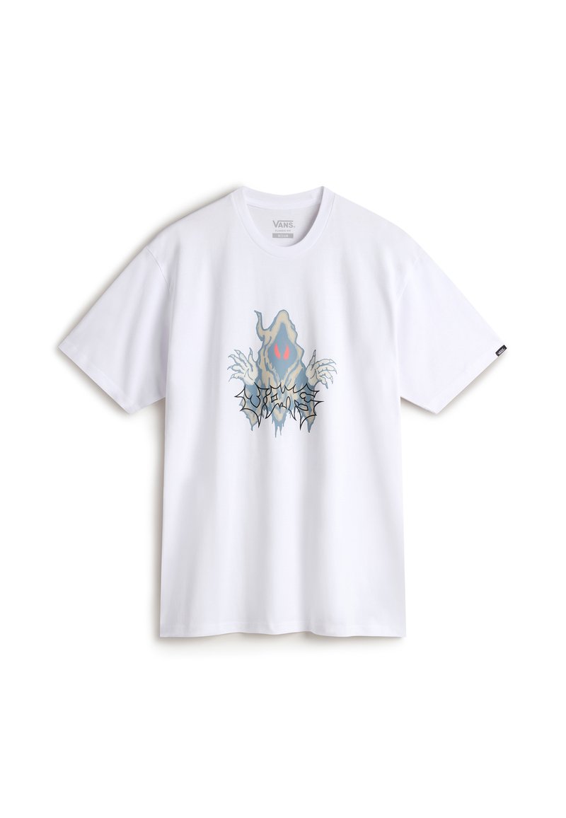 Weißes Baumwoll-T-Shirt mit einem grafischen Design, das eine geisterhafte Figur und abstrakte Elemente in Blau und Rot zeigt. Kurze Ärmel und klassischer Schnitt.