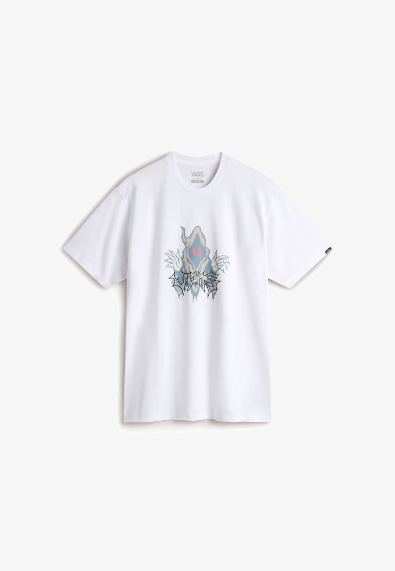 White cotton t-shirt featuring a graphic design with a ghostly figure and abstract elements in blue and red. Short sleeves and classic fit.