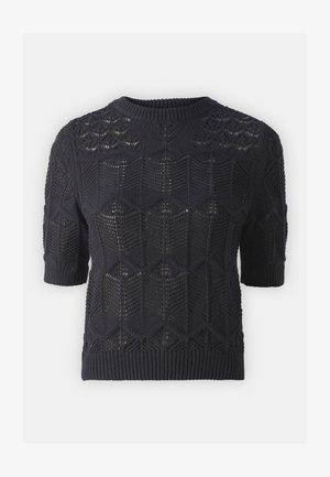 Krótki rękaw, granatowy sweter z dzianiny z teksturowanym geometrycznym wzorem, okrągłym dekoltem oraz ściągaczami przy mankietach i dole. Lekki i przewiewny.