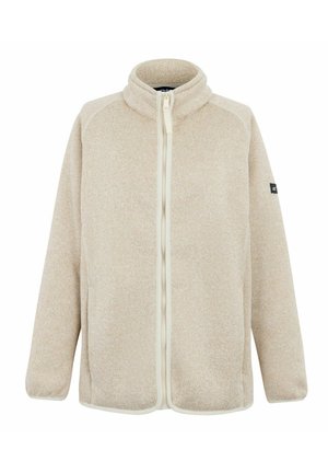 Beżowa kurtka polarowa na zamek z wysokim kołnierzem, długimi rękawami i małą czarną naszywką z logo na górnej części lewej rękawa.