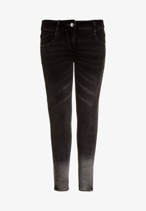 Sorte skinny jeans i denim med ombréeffekt, fem-lommer-design, bæltestropper og sølvfarvet knaplukning. Glat tekstur med subtil falmen.