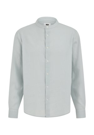 Chemise gris clair à manches longues avec col mandarin, fermeture à boutons sur le devant et poignets boutonnés, présentée sur un fond blanc.