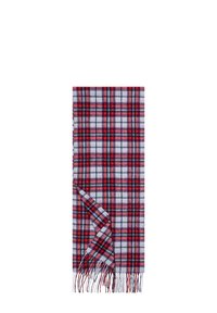 Red, black, and white plaid scarf with fringed ends, folded with one corner turned up to show the pattern on both sides.