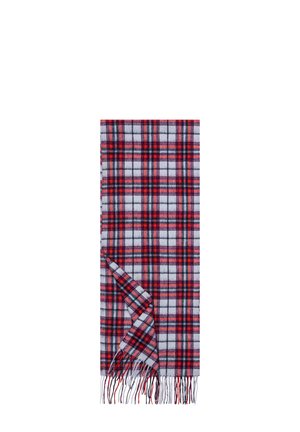 Red, black, and white plaid scarf with fringed ends, folded with one corner turned up to show the pattern on both sides.
