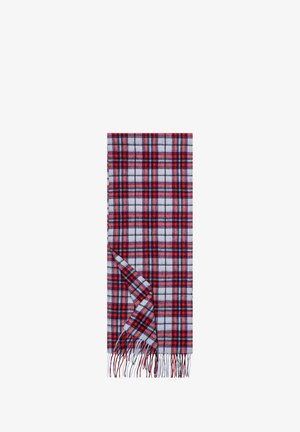 Red, black, and white plaid scarf with fringed ends, folded with one corner turned up to show the pattern on both sides.