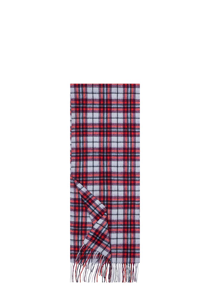 Red, black, and white plaid scarf with fringed ends, folded with one corner turned up to show the pattern on both sides.