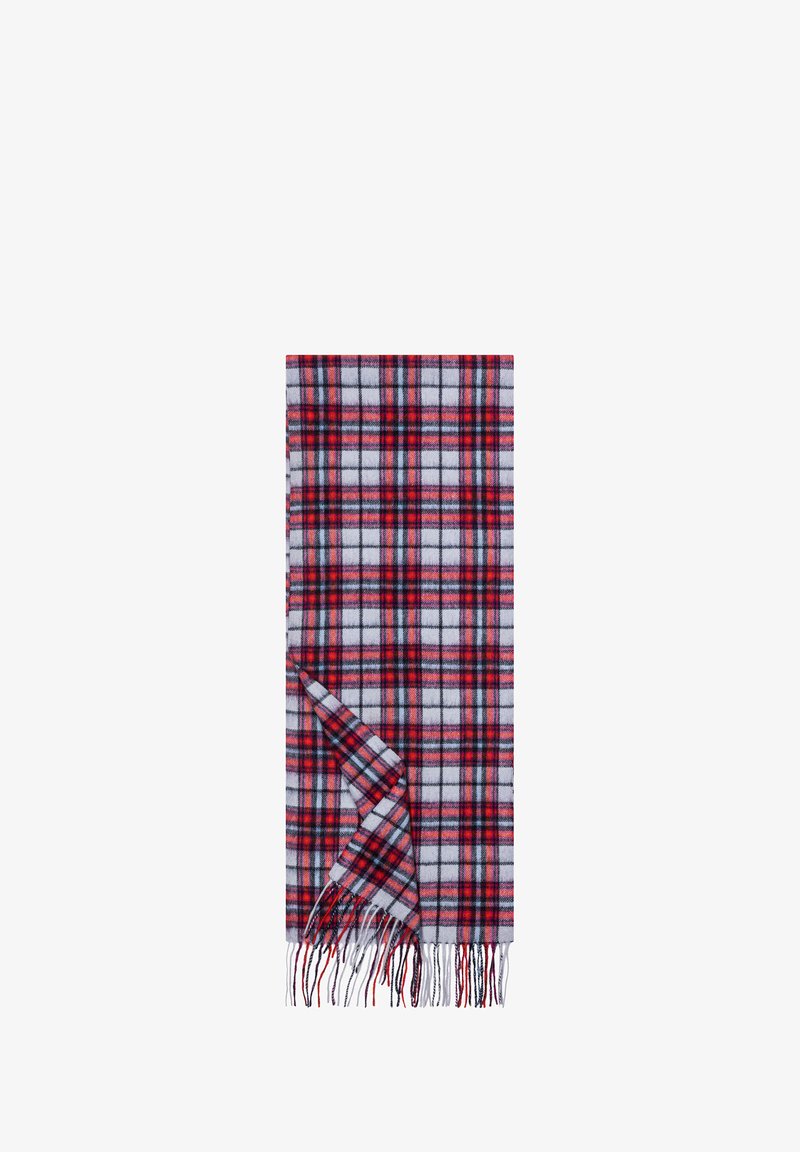 Red, black, and white plaid scarf with fringed ends, folded with one corner turned up to show the pattern on both sides.
