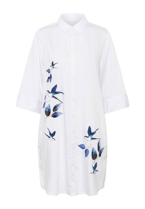 Hvid skjortekjole med blå nålestriber, med broderede blå fugle og blade på de forreste sider og 3/4-ærmer.