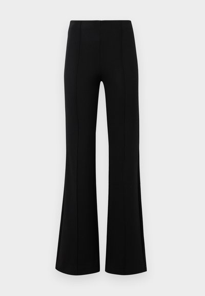 Black flared pants with a high waist, made of stretchy fabric. Features vertical seam details on the front and a smooth texture.