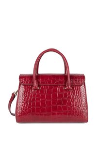 Borsa a mano rossa con stampa coccodrillo, dotata di manici doppi, forma strutturata e chiusura a patta. Include una tracolla regolabile.
