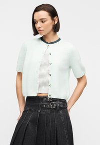 Γυναίκα που φοράει ένα ανοιχτό μέντα κοντομάνικο ζακέτα πάνω από ένα ριγέ crop top, συνδυασμένο με μια μαύρη φούστα με πιέτες και ψηλή μέση, με διπλή λεπτομέρεια ζωνής.