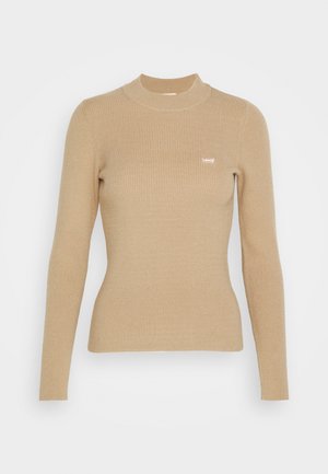 Maglione beige a coste con maniche lunghe, col alto e piccolo logo bianco Levi's sul lato sinistro del petto. Tessuto a maglia morbida, design aderente.